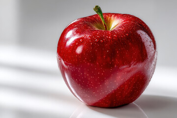 A single wet red apple on a white background