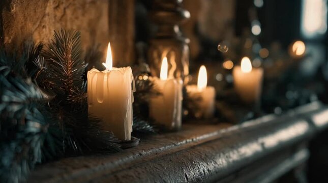 Close up of burning white candles and pine branches decoration on a fireplace mantel creating a warm atmosphere.