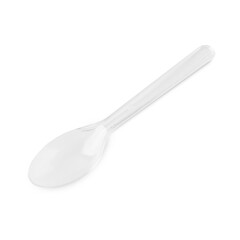A simple white plastic spoon isolated on a white background.