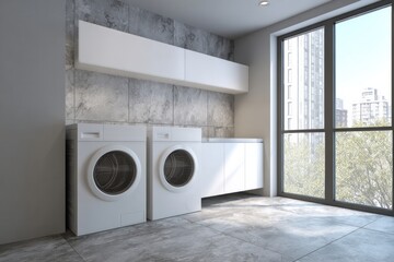 Modern laundry room with two appliances and city view.