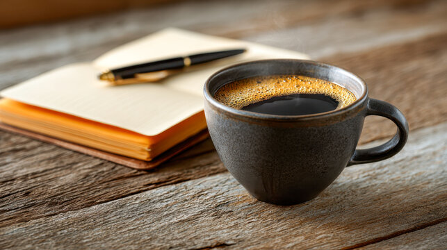 A rustic table setting with a steaming cup of black coffee alongside an open notebook and pen ready for journaling or creative writing moments - Powered by Adobe