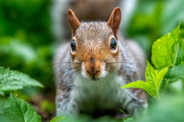 Obraz premium Curious squirrel peering intently through lush green foliage with detailed whiskers and bright eyes in a vibrant natural environment on a sunny day