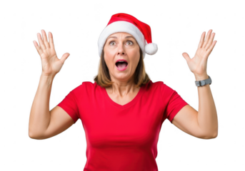 Woman in santa hat with arms raised in surprise isolated on transparent background