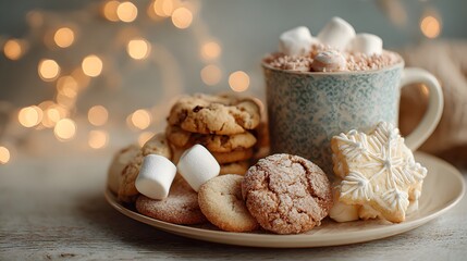 Plate of cookies and a cup of hot chocolate. The cookies are assorted and the hot chocolate is topped with marshmallows. The image conveys a cozy and comforting atmosphere