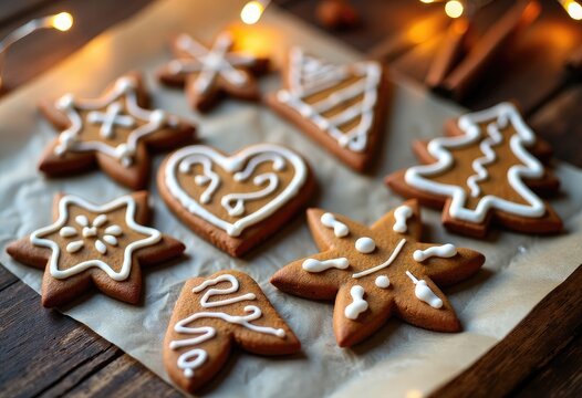Christmas homemade gingerbread cookies in star, Christmas tree and heart shapes decorated with white icing on a parchment paper with glowing holiday lights on a wooden surface, for food promotions. - Powered by Adobe