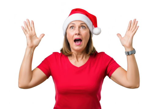 Woman in santa hat with arms raised in surprise isolated on transparent background - Powered by Adobe