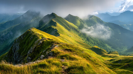 Stunning panoramic view of lush green rolling mountains with dramatic clouds and soft sunlight creating a serene and captivating natural landscape scene