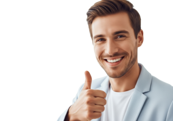 A young adult, gender-neutral, in neutral smart-casual attire, smiling confidently and giving a thumbs-up against a transparent studio background. Concept of optimism and success