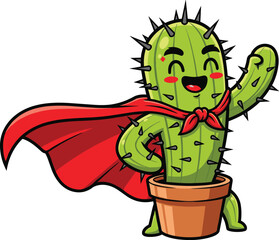 Cartoon cactus superhero vector illustration, smiling green plant in pot with cape and blush, playful character for kids