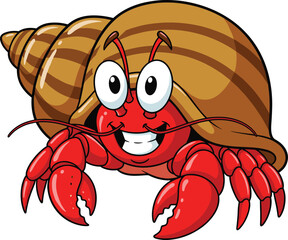 Cartoon hermit crab vector illustration, smiling red crab with striped shell, cute marine animal for kids, educational content