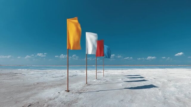 Four colorful flags wave on a barren, white expanse under a vast blue sky