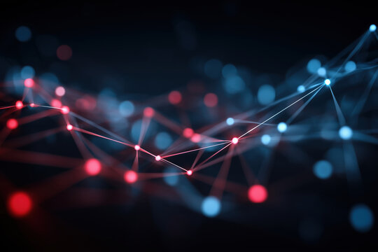 digital visualization of interconnected red and blue nodes linked by glowing lines on a dark background, symbolizing data flow, technology, and communication networks