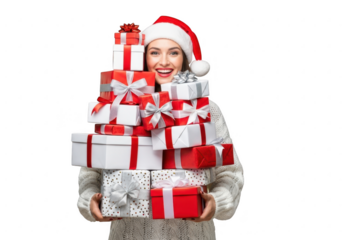 Woman in santa hat holding stack of christmas presents isolated on transparent background
