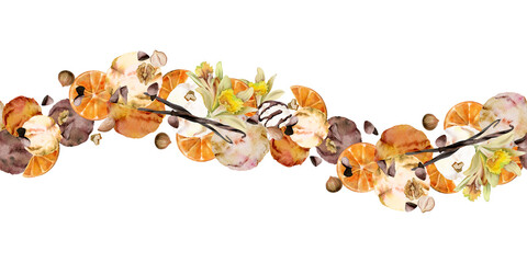 Creme brulee chocolate chips ice cream scoops with vanilla flower pods, orange slices, nuts. Isolated seamless banner border hand drawn in watercolor. Sweet dessert decor, printable card, event flyer.