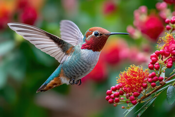 Fototapeta premium Hummingbird hovers near red and yellow flowers