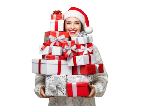 Woman in santa hat holding stack of christmas presents isolated on transparent background - Powered by Adobe