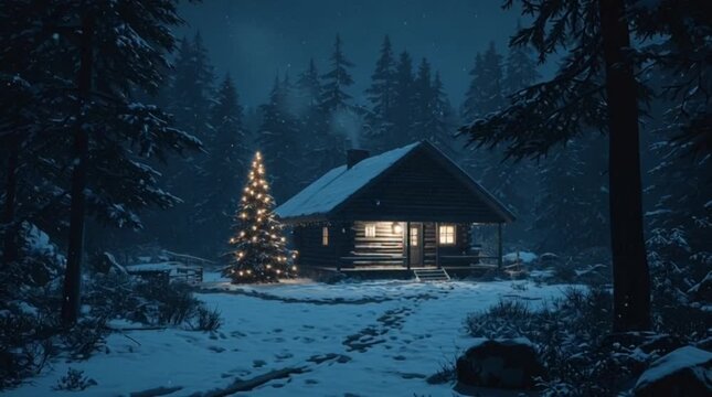 Cozy wooden log cabin with illuminated windows and Christmas tree in a snowy forest at night.