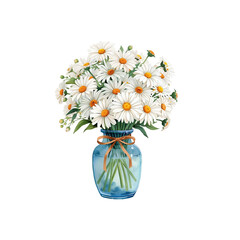 Watercolor illustration of bouquet of white daisies in blue transparent vase tied with bow. Hand drawn botanical composition, isolated on white background