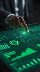 Obraz premium Business Executive Controlling Holographic Sustainability Investment Dashboard with Renewable Finance Flow – ESG Finance Vertical Image