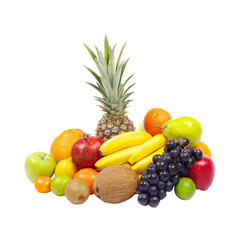 A vibrant assortment of fresh fruits including pineapple bananas grapes apples oranges kiwi coconut and pomegranate.