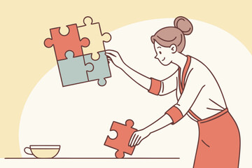 Fototapeta premium Woman arranging puzzle pieces illustrating problem solving strategy