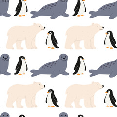 Obraz premium Colorful pattern featuring polar animals like seals, penguins, and polar bears in a playful design