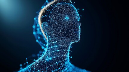 Artificial Intelligence Human Head Wireframe Network. Digital Brain Connectivity and Data Flow in Futuristic Technology Concept.