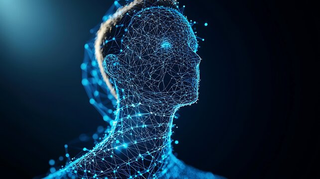Artificial Intelligence Human Head Wireframe Network. Digital Brain Connectivity and Data Flow in Futuristic Technology Concept.