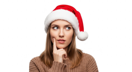 Young woman in santa hat thinking, isolated on transparent background