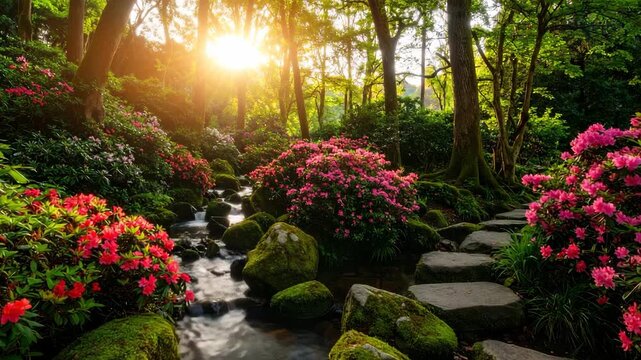 Scenic forest landscape featuring rhododendrons, a stream, mossy rocks, and sunlight shining through the trees at golden hour