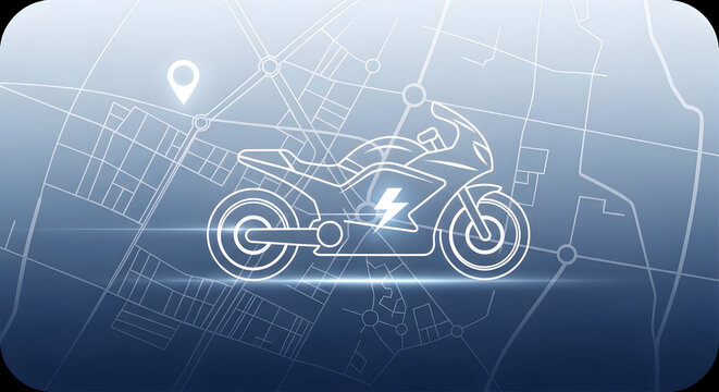 Digital interface showing a futuristic electric motorcycle with a GPS location pin on a city map, representing the concept of smart e-mobility and future transport