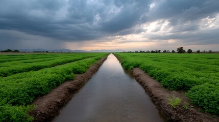 Obraz premium Agricultural irrigation channel under dramatic stormy sky with distant rain showers