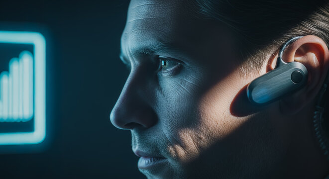 A determined individual, eyes fixed forward, wearing a discreet earpiece, stands as a symbol of technological immersion, focused and ready.