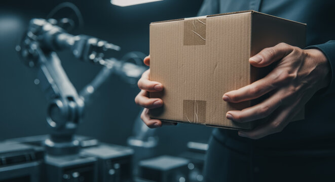 An individual interacts with a cardboard box alongside an advanced robotic arm, representing automation and high-tech processes.