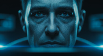 A cinematic close-up of a stern face, bathed in cool blue hues, emanating an intense gaze and controlled demeanor, evoking feelings of focus and determination.