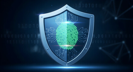 Advanced concept of cybersecurity and data protection with a biometric fingerprint on a digital shield for secure identity verification