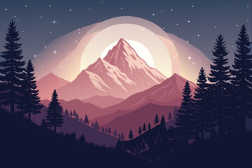Glowing Mountain Night Scene Bold Deep Ton High-Quality Stock Image Suitable for Design
