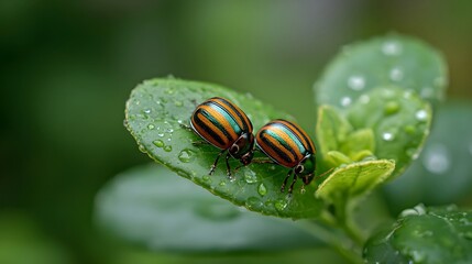 Two vibrant striped beetles rest on a fresh green leaf glistening with numerous water droplets in a serene natural environment
