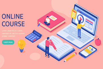 Online education concept with text place. Can use for web banner, infographics, hero images. Flat isometric vector illustration isolated on white background.