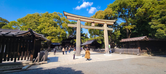 Meiji-jingu, a shinto shrine adjacent to Yoyogi Park, in the Harajuku district of Shibuya, Tokyo,...