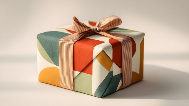 Colorful box with a bow on top of it. The box is decorated with a pattern of squares and circles