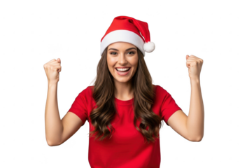 Woman in santa hat cheering, isolated on transparent background