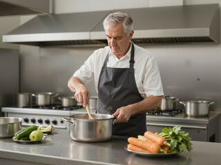 A senior man is stirring a pot in a modern kitchen, surrounded by fresh vegetables, including carrots, cucumbers, and apples, emphasizing healthy cooking and culinary expertise