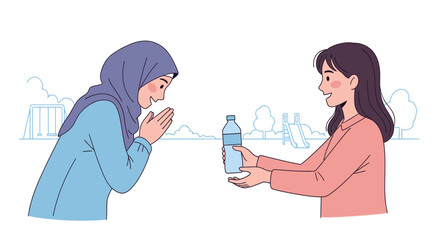 Heartwarming gesture of gratitude with a woman receiving bottled water from a