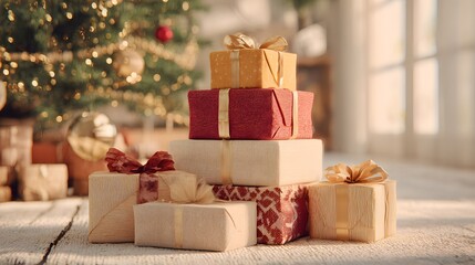 Stack of presents is piled on top of each other in front of a Christmas tree. The presents are of different sizes and colors, and they are all wrapped in shiny paper