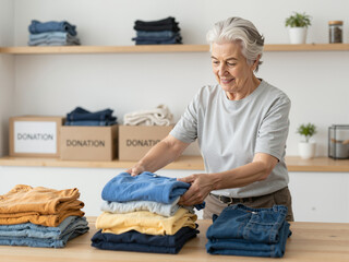 An elderly woman is organizing and folding clothes for donation in a bright and tidy room, showcasing her dedication to helping those in need by preparing donated items to share with others
