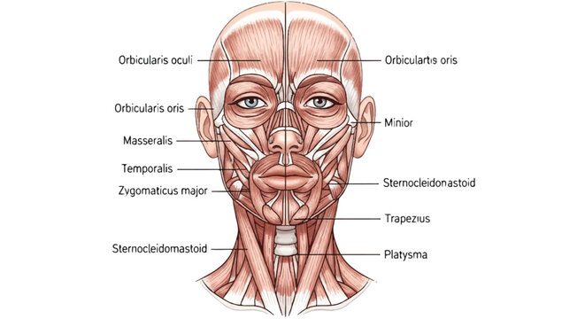 Detailed 2D flat anatomical illustration showing the labeled female facial muscles and neck structures on a pristine white background, featuring a unique half-skin view for medical study.