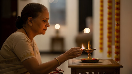 Elderly Indian woman lighting a diya during festive celebration at home
