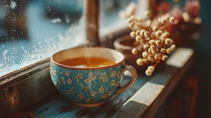 Blue floral cup with steam coming out of it sits on a wooden table. The cup is filled with tea and is placed near a window. Concept of warmth and relaxation