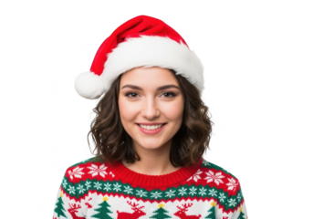 Young woman wearing a christmas sweater and santa hat, isolated on transparent background